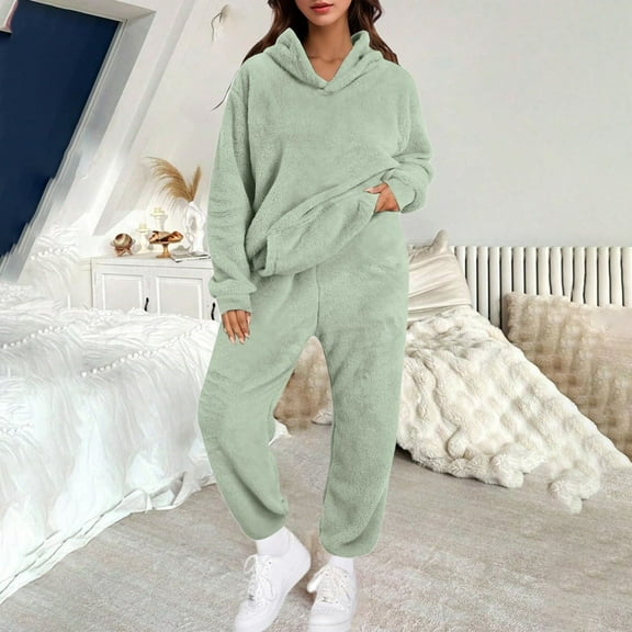HLKJKLS Pajamas For Women Set Hooded Long Sleeve 2 Piece Set Solid Color Polyester Warm Loose Autumn Winter Long Pants Home Wear Green Xs-6Xl