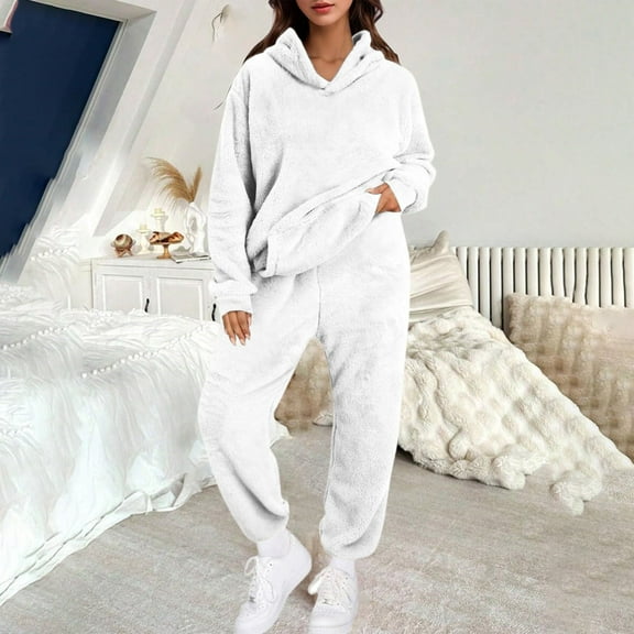 HLKJKLS Pajamas For Women Set Hooded Long Sleeve 2 Piece Set Solid Color Polyester Warm Loose Autumn Winter Long Pants Home Wear White Xs-6Xl