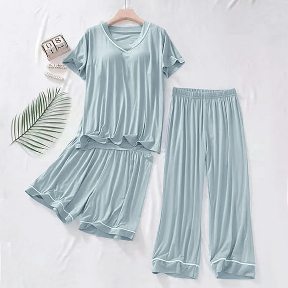 HLKJKLS Pajamas For Women Set Petite Length Pajama Set Long Sleeve Top Wide Leg Pants Elastic Waist Blue M-Xl