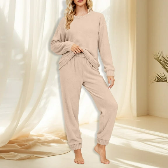 HLKJKLS Pajamas For Women Set Pure Color High End Pajama Set Autumn Winter Soft Half Fleece Plus Fleece Warm Viscose Fiber Home Clothes Beige M-Xxl