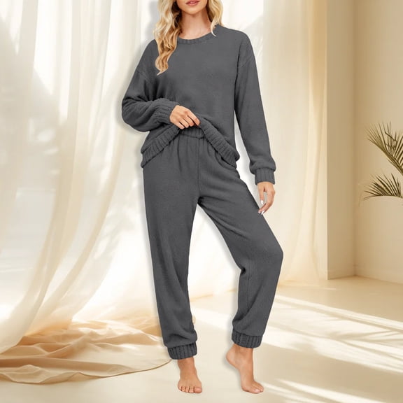 HLKJKLS Pajamas For Women Set Pure Color High End Pajama Set Autumn Winter Soft Half Fleece Plus Fleece Warm Viscose Fiber Home Clothes Gray M-Xxl