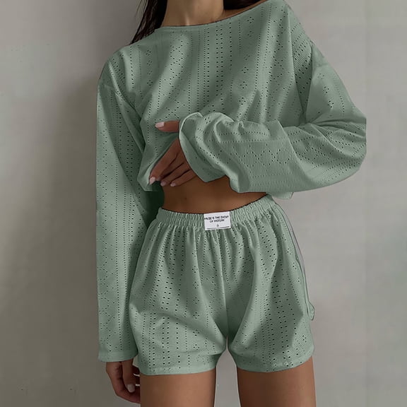 HLKJKLS Pajamas For Women Set Solid Color Loose Pullover Long Sleeve Shorts Pajama Set Soft Polyester Casual Green S-Xxl