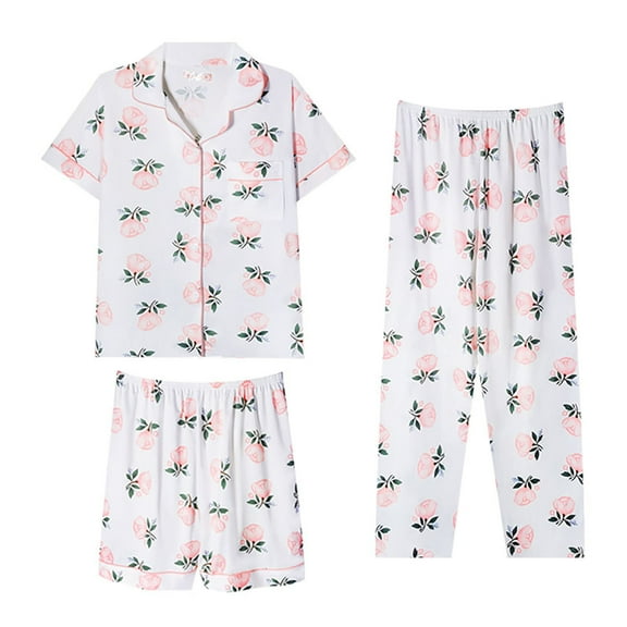HLKJKLS Pajamas For Women Set Summer Short Sleeve Lapel Pajama Set 3-Piece Plus Size Soft Elastic Loose Top Pants Shorts Pink M-Xxl
