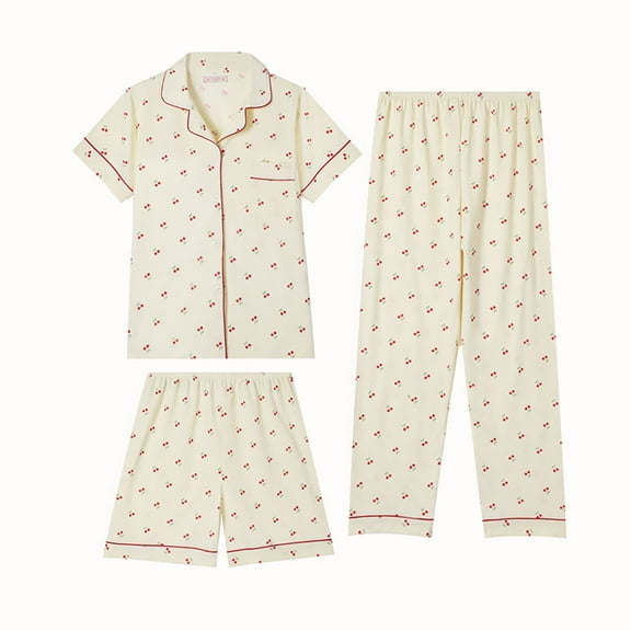 HLKJKLS Pajamas For Women Set Summer Short Sleeve Lapel Pajama Set 3-Piece Plus Size Soft Elastic Loose Top Pants Shorts Yellow M-Xxl