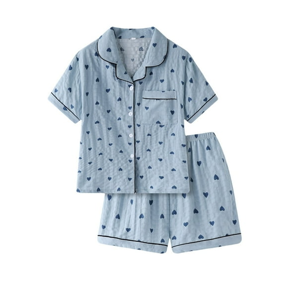 HLKJKLS Pajamas For Women Set Button Front Short Sleeve Shorts Sleepwear Set Cotton Thin Soft Chest Pocket Elastic Waist Plain Checked Loungewear Blue S-Xl