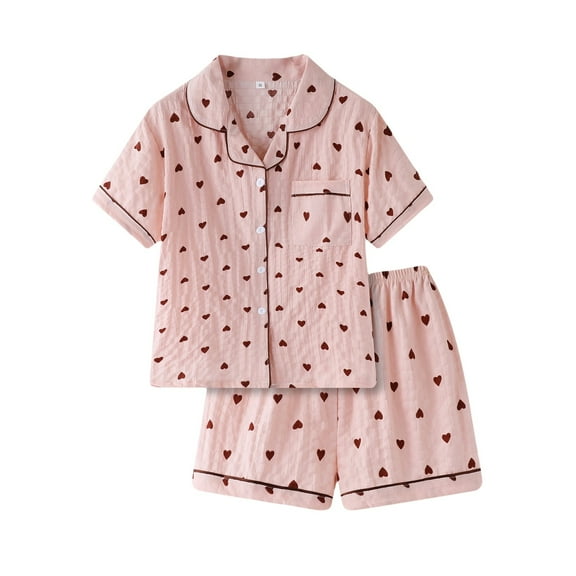 HLKJKLS Pajamas For Women Set Button Front Short Sleeve Shorts Sleepwear Set Cotton Thin Soft Chest Pocket Elastic Waist Plain Checked Loungewear Pink S-Xl