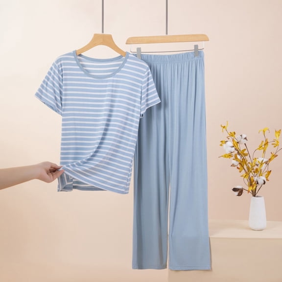 HLKJKLS Pajamas For Women Set Casual Short Sleeved T-Shirt Long Pants Thin Striped Pajama Set Soft Stretchy Polyester Spandex Home Sleepwear Blue M-Xl