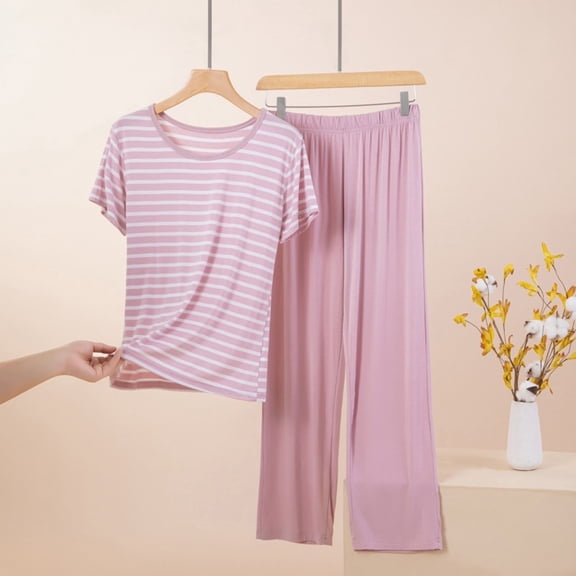HLKJKLS Pajamas For Women Set Casual Short Sleeved T-Shirt Long Pants Thin Striped Pajama Set Soft Stretchy Polyester Spandex Home Sleepwear Pink M-Xl