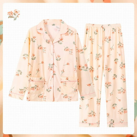 HLKJKLS Pajamas For Women Set Flower Print Loose Imitation Cotton Pajama Set Long Sleeve Two Piece Soft Breathable Polyester Casual Home Clothes Pink M-3Xl