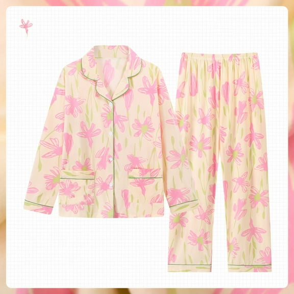 HLKJKLS Pajamas For Women Set Flower Print Loose Imitation Cotton Pajama Set Long Sleeve Two Piece Soft Breathable Polyester Casual Home Clothes Purple M-3Xl