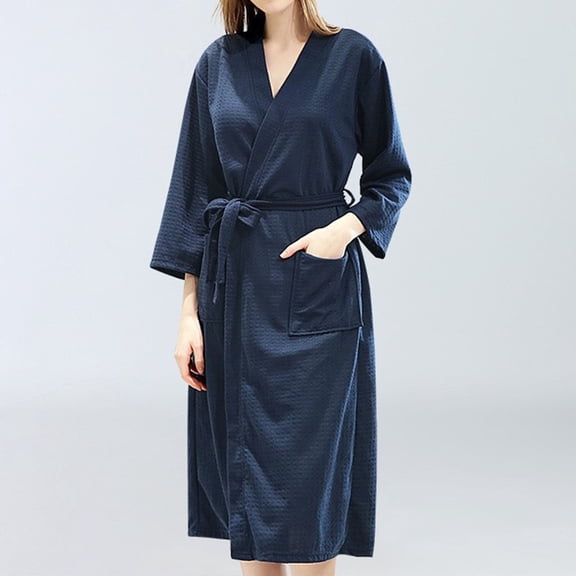 HLKJKLS Robes For Women Collared Three Quarter Sleeve Bathrobe Lightweight Breathable Polyester Loungewear With Zip Pocket Home Wear Blue M-Xl