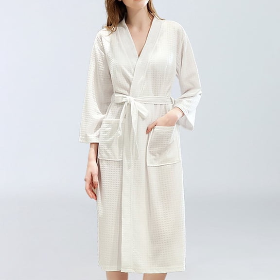 HLKJKLS Robes For Women Collared Three Quarter Sleeve Bathrobe Lightweight Breathable Polyester Loungewear With Zip Pocket Home Wear White M-Xl