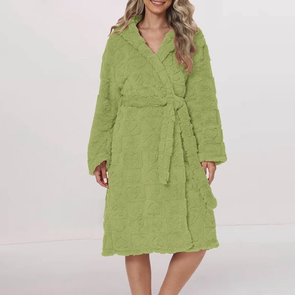 HLKJKLS Robes For Women Heart Shaped Flannel Plush Bathrobe Belted With Pockets Soft Warm Cozy Home Robe Green S-Xl