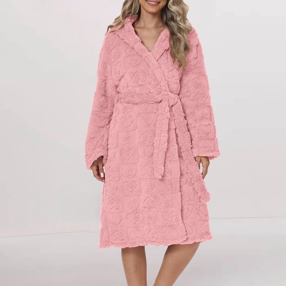 HLKJKLS Robes For Women Heart Shaped Flannel Plush Bathrobe Belted With Pockets Soft Warm Cozy Home Robe Pink S-Xl