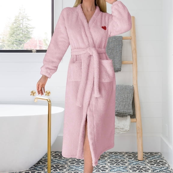 HLKJKLS Robes For Women Heart Shaped Flannel Plush Bathrobe Belted With Pockets Soft Warm Polyester Comfortable Casual Home Loungewear Pink S-Xxl