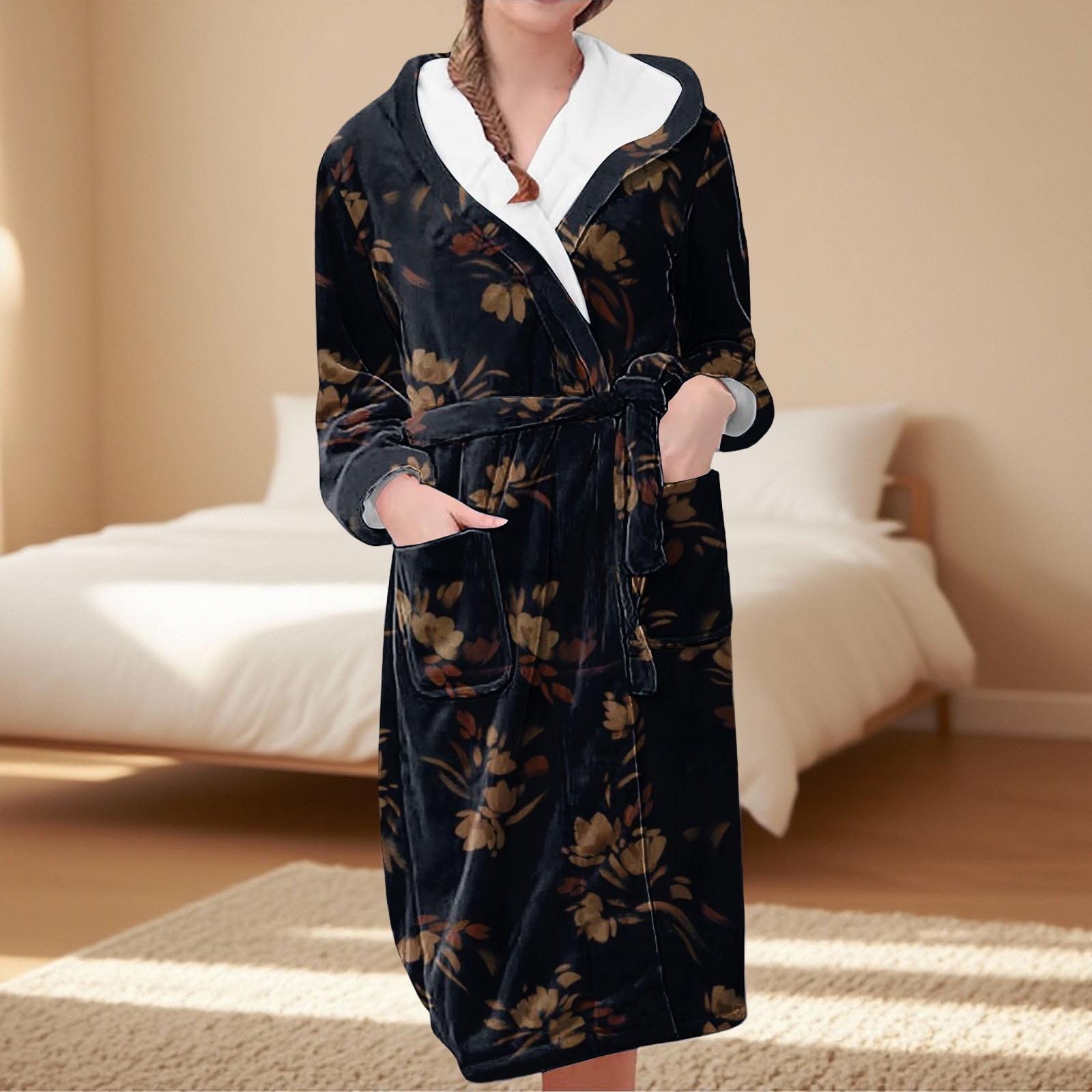 HLKJKLS Robes For Women Printed Fleece Plush Robe Long Warm Comfortable ...
