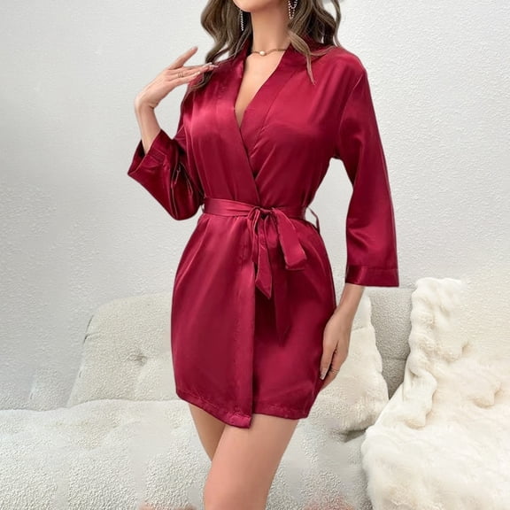 HLKJKLS Robes For Women Short Sleeve Sleeping Dress Satin Soft Loose Round Neck Pocket Home Wear Machine Washable Red S-Xl