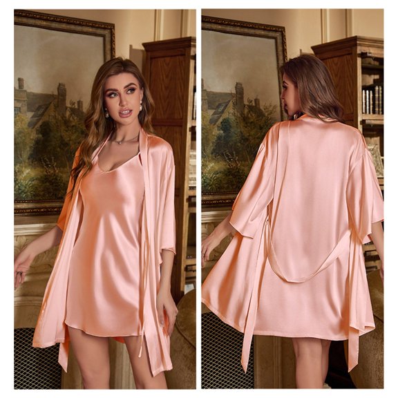 HLKJKLS Robes For Women Short Sleeve Sleeping Dress With Cardigan Satin Soft Loose Round Neck Pocket Home Wear Pink S-Xl