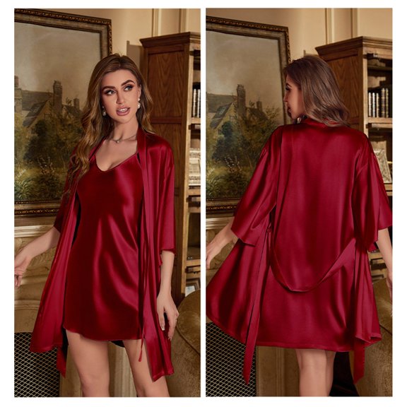 HLKJKLS Robes For Women Short Sleeve Sleeping Dress With Cardigan Satin Soft Loose Round Neck Pocket Home Wear Red S-Xl