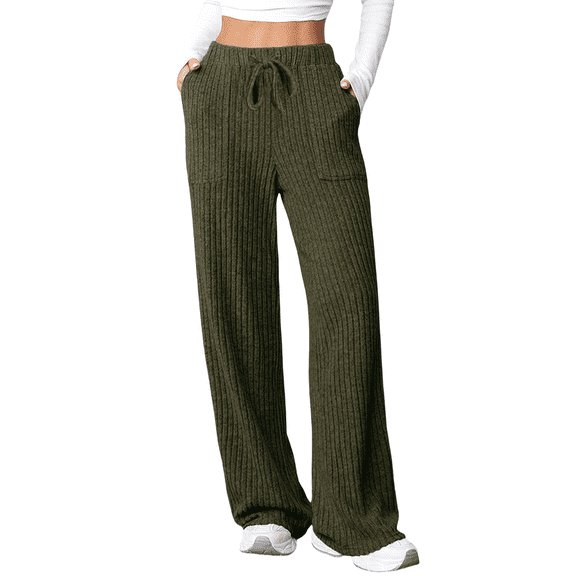 HLKJKLS Sweatpants Women Autumn Winter New Solid Color Strip Pocket Elastic Casual Pants Polyester Wide Leg High Waist Daily Use Green S-Xxl