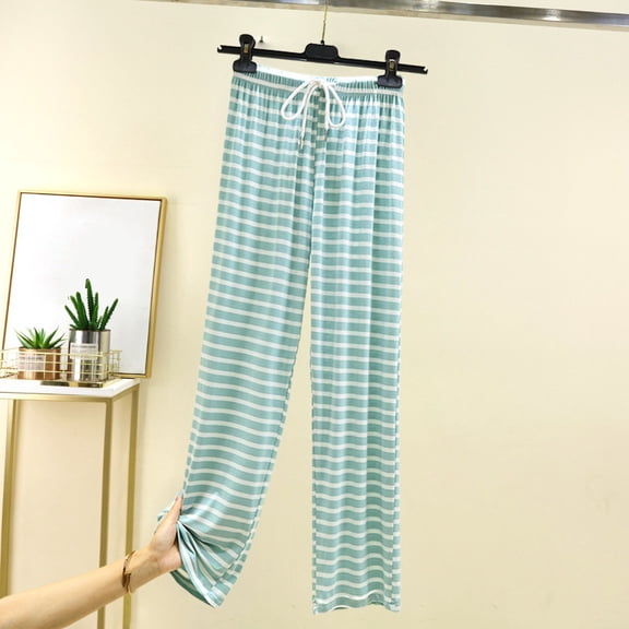 HLKJKLS Sweatpants Women Casual Home Striped Wide Leg Pants Soft Modal Fabric Elastic Waist Drawstring Side Pockets Daily Use Green M-Xxl