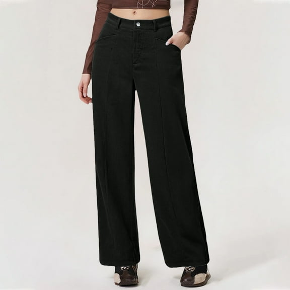 HLKJKLS Sweatpants Women Corduroy Wide Leg Straight Pants High Waisted Fall Casual Cropped Trousers Polyester Black S-Xxl
