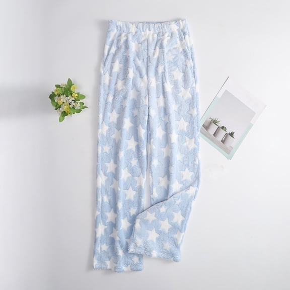 HLKJKLS Sweatpants Women Fashion Fuzzy Pajama Pants Winter Fleece Bottoms Elastic Waist Wide Leg Pockets Polyester Blue S-Xxl