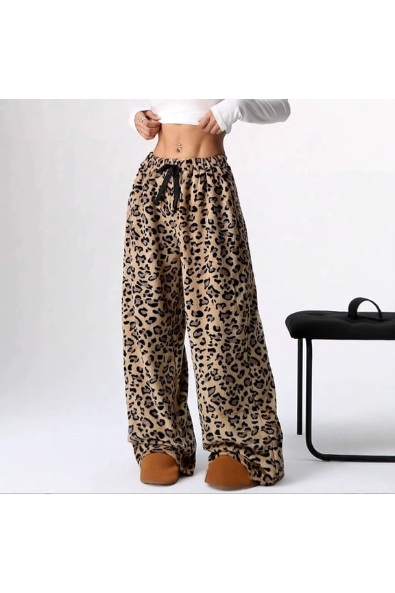 Sweatpants Women Leopard Print High Waisted Baggy Trousers Fuzzy Pajama Sleepwear Soft Polyester Fabric Casual Lounge Brown S-Xl