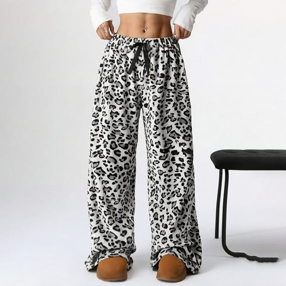 HLKJKLS Sweatpants Women Leopard Print High Waisted Baggy Trousers Fuzzy Pajama Sleepwear Soft Polyester Fabric Casual Lounge White S-Xl