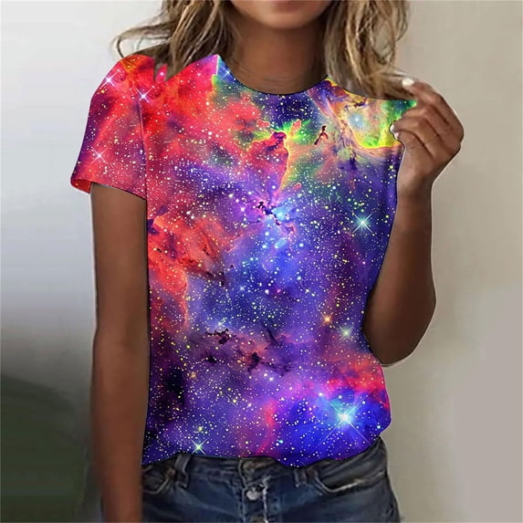 HLKJKLS T Shirts For Women 3D Galaxy Print Round Neck Short Sleeve Tee Glitter Starry Summer Carnival Costume Blend Top Blue S-Xxl