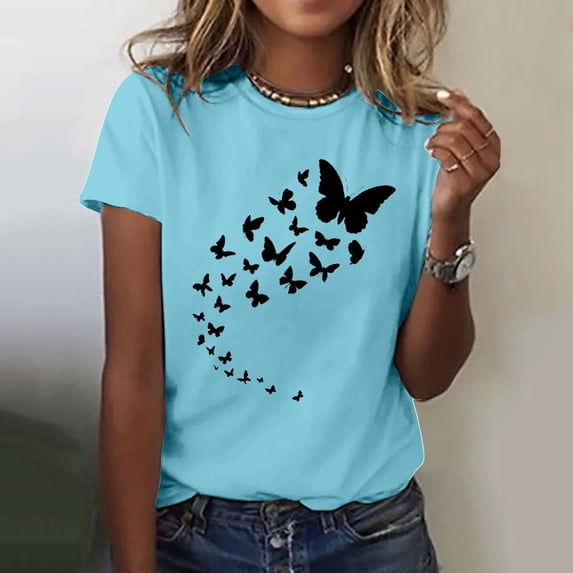 HLKJKLS T Shirts For Women Butterfly Print Round Neck Short Sleeve Casual Cute Graphic Comfy Tee Top Blue S-3Xl
