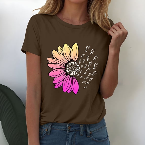 HLKJKLS T Shirts For Women Fashion Workout Athletic Plus Size Short Sleeve Tee Soft Cotton Blend Casual Daily Top Brown S-3Xl