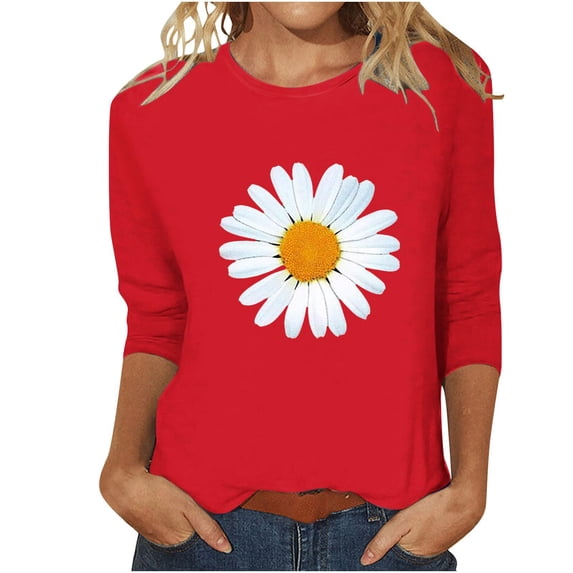 HLKJKLS T Shirts For Women Round Neck Printed 3/4 Sleeve Casual Tee Soft Cotton Blend Comfort Daily Wear Basic Top Red S-3Xl
