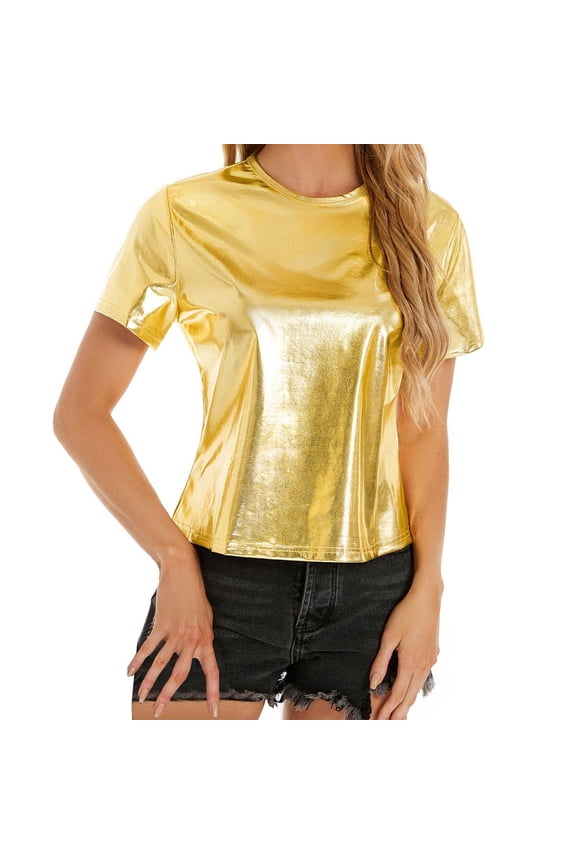 T Shirts For Women Spring Summer Metallic Glossy Crew Neck Loose Casual Short Sleeve Nylon Spandex Gold S-Xxl