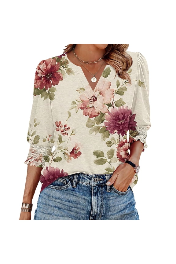 Winter Clothing For Women 3/4 Sleeve V Neck Puff Cuff Blouse Polyester Spandex Casual Daily White S-3Xl