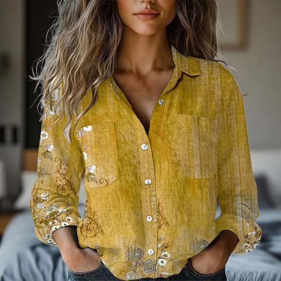 HLKJKLS Winter Clothing For Women 3/4 Sleeved Print Round Neck Loose T Shirt Soft Bubble Wrinkles Casual Fashion Yellow S-5Xl