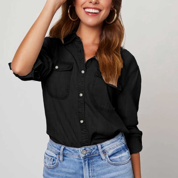 HLKJKLS Winter Clothing For Women Autumn Solid Color Casual Collar Single Breasted Long Sleeve Denim Shirt Polyester Cotton Breathable Black S-Xxl