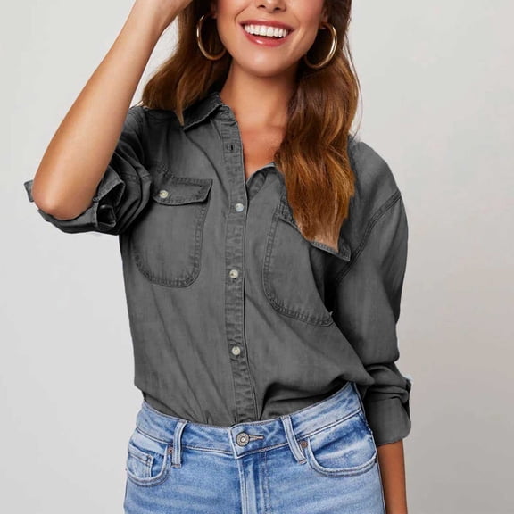 HLKJKLS Winter Clothing For Women Autumn Solid Color Casual Collar Single Breasted Long Sleeve Denim Shirt Polyester Cotton Breathable Gray S-Xxl