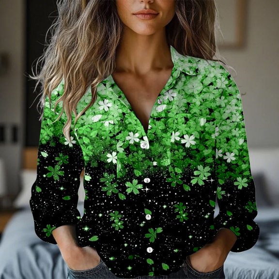 HLKJKLS Winter Clothing For Women Casual Button Down Printed Long Sleeve Blouse Polyester Spandex Wrinkle Resistant Black S-5Xl