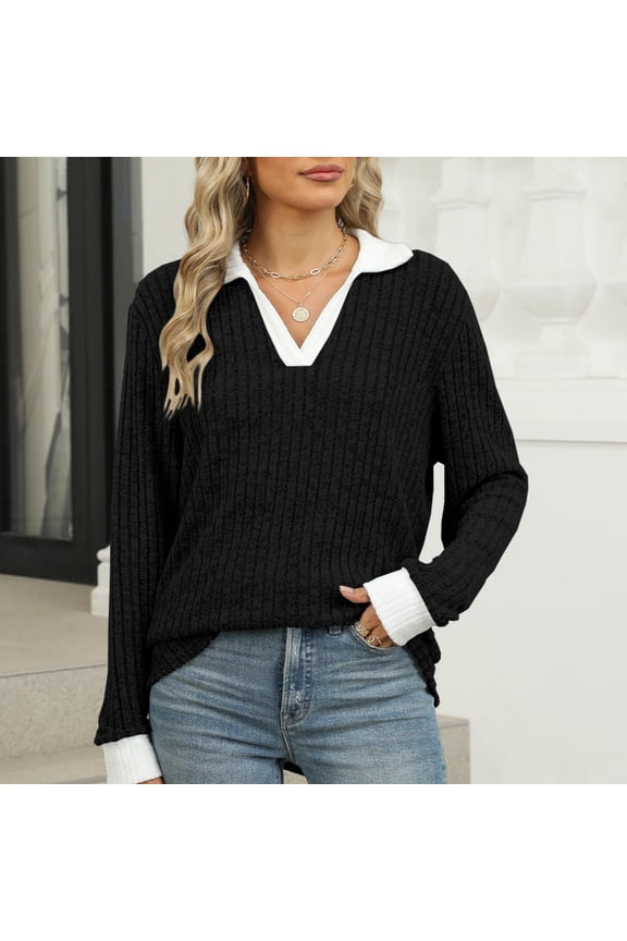 Winter Clothing For Women Contrast Collar Long Sleeve Ribbed Lightweight Sweater Casual Fall Slimming Top Black S-Xxl