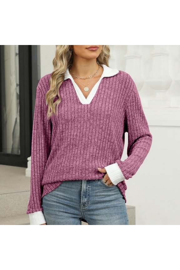Winter Clothing For Women Contrast Collar Long Sleeve Ribbed Lightweight Sweater Casual Fall Slimming Top Purple S-Xxl