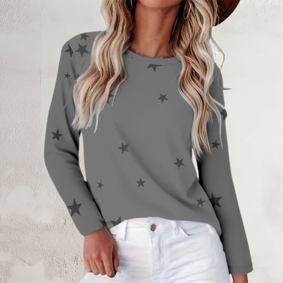 HLKJKLS Winter Clothing For Women Crew Neck Long Sleeve Basic Printed Tee Comfy Loose Imitation Cotton Versatile Casual Wear Gray S-4Xl