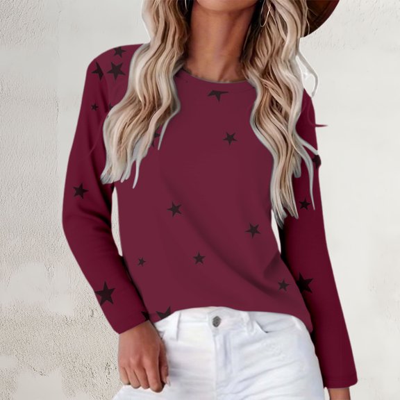 HLKJKLS Winter Clothing For Women Crew Neck Long Sleeve Basic Printed Tee Comfy Loose Imitation Cotton Versatile Casual Wear Red S-4Xl