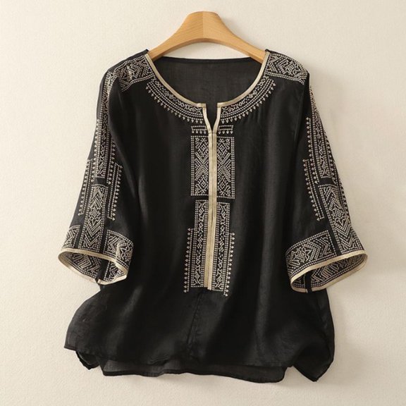 HLKJKLS Winter Clothing For Women Embroidered Round Neck 3/4 Sleeve Retro Casual Solid Color Transparent Cotton Linen Top Black M-3Xl