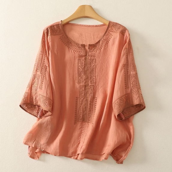 HLKJKLS Winter Clothing For Women Embroidered Round Neck 3/4 Sleeve Retro Casual Solid Color Transparent Cotton Linen Top Orange M-3Xl