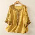 thumbnail image 1 of HLKJKLS Winter Clothing For Women Embroidered Round Neck 3/4 Sleeve Retro Casual Solid Color Transparent Cotton Linen Top Yellow M-3Xl, 1 of 4