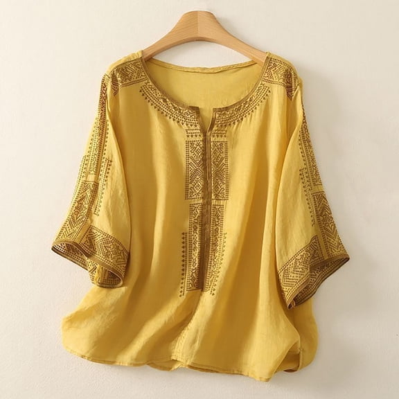 HLKJKLS Winter Clothing For Women Embroidered Round Neck 3/4 Sleeve Retro Casual Solid Color Transparent Cotton Linen Top Yellow M-3Xl