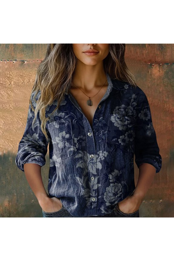 Winter Clothing For Women Fashionable Printed Button Up Shirt Seven-Quarter Sleeves Chic All-Over Print Casual Top Blue S-5Xl