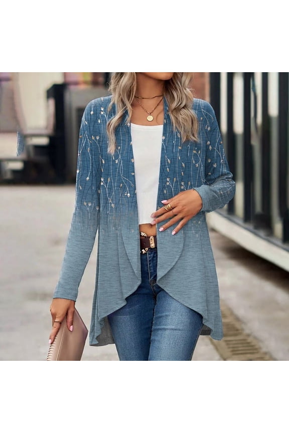 Winter Clothing For Women Lightweight Boho Floral Kimono Long Sleeve Open Front Vintage Cover Up Winter Outerwear Blue S-3Xl