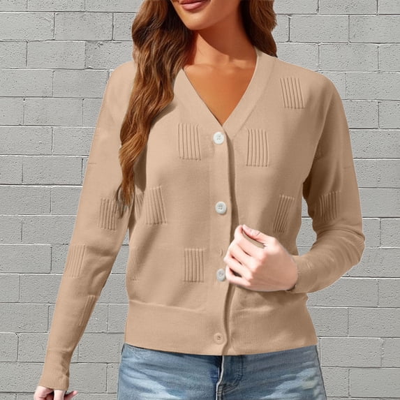 HLKJKLS Winter Clothing For Women Lightweight V Neck Cardigan Button Down Cable Knit Sweater Long Sleeve Knit Fabric Beige Xs-Xxl